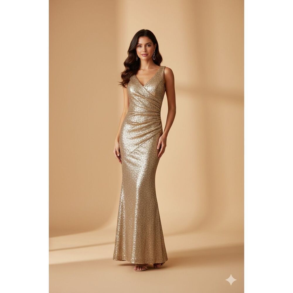 Revelry Maxi Dress Dawson Sequined Sleeveless‎ V neck Gold 6
